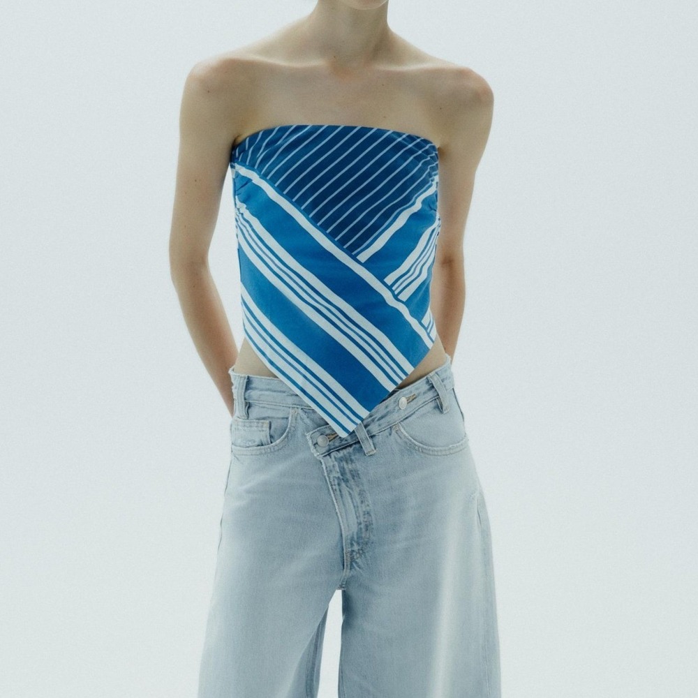 Zara Women's Striped Linen Blend Bandeau Top Blue Small